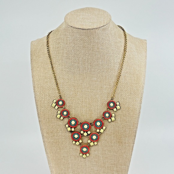 The Unbranded Brand Jewelry - Vintage 80s Boho Geometric Statement Necklace Red Turquoise Color Gold Tone Bib